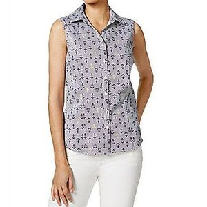 Charter Club Pinstripe Anchor Print Sleeveless Button Down Collared Top US 10
